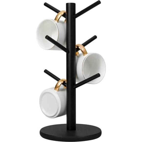 Black Wooden Mug Holder Tree Coffee Cup Stand with 6 Hooks Kitchen Counter Rack - Picture 7 of 7